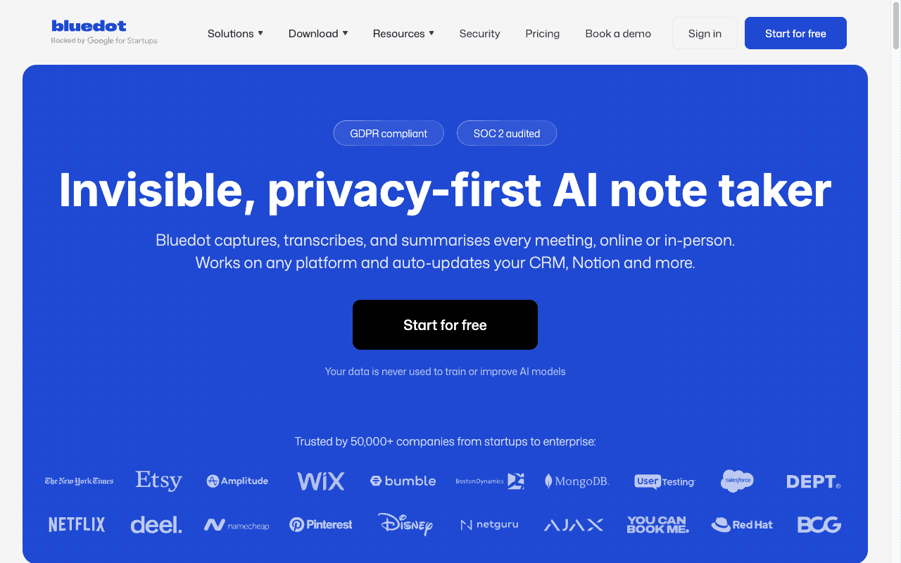 Bluedot cloud-based AI meeting assistant — Bot-free capture with video and clips, sold on being invisible to the other side