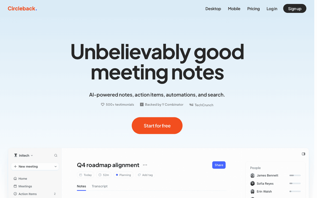 Circleback cloud-based AI meeting assistant — Bot-free meeting notes with unusually clean action items and deep automation hooks
